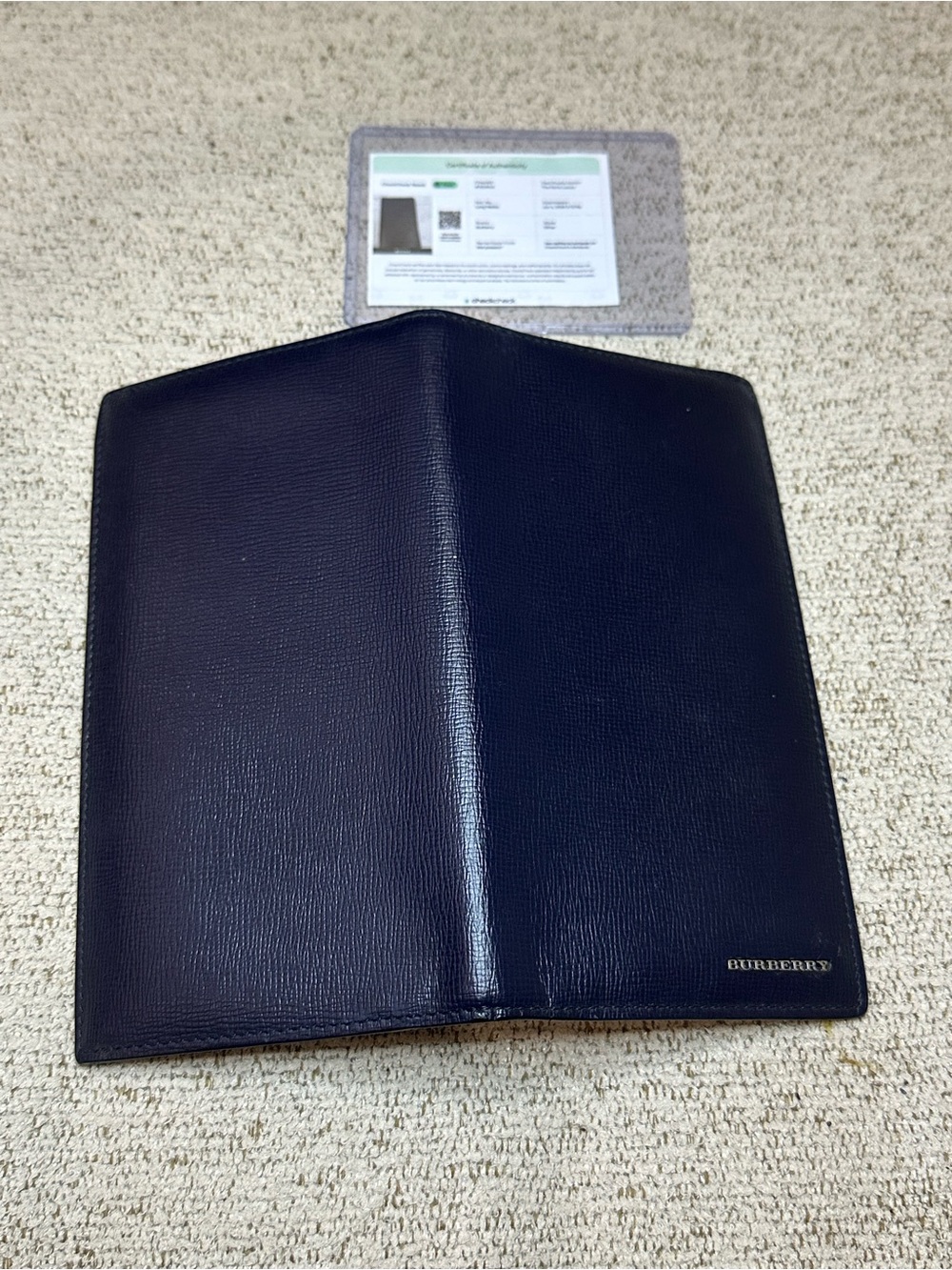 Burberry Dark Blue Leather Passport Wallet with Gold Logo